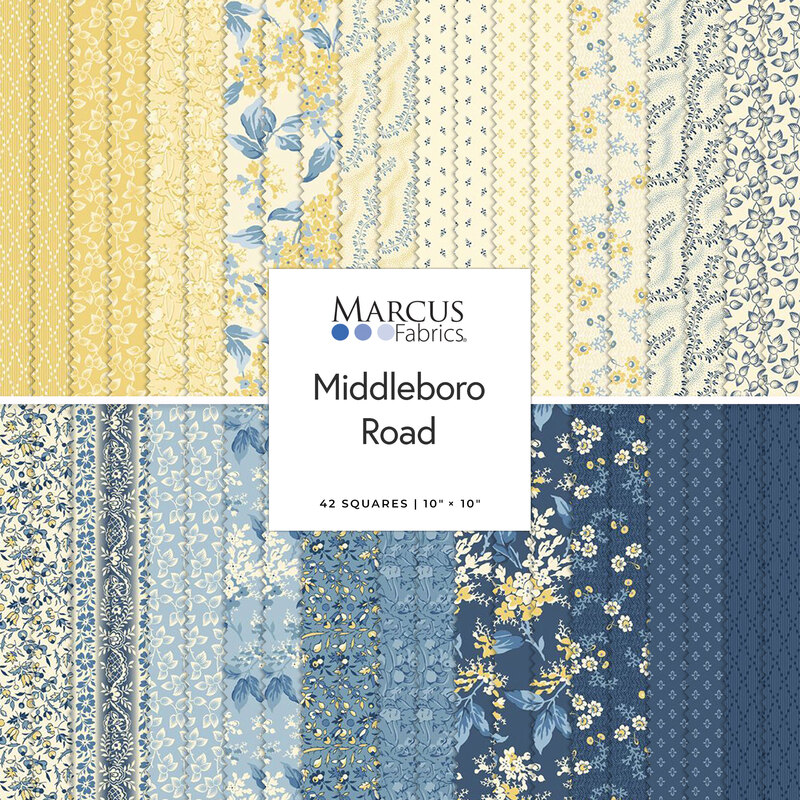 A collage of fabrics in the Middleboro Road Layer Cake featuring florals in shades of yellow and blue