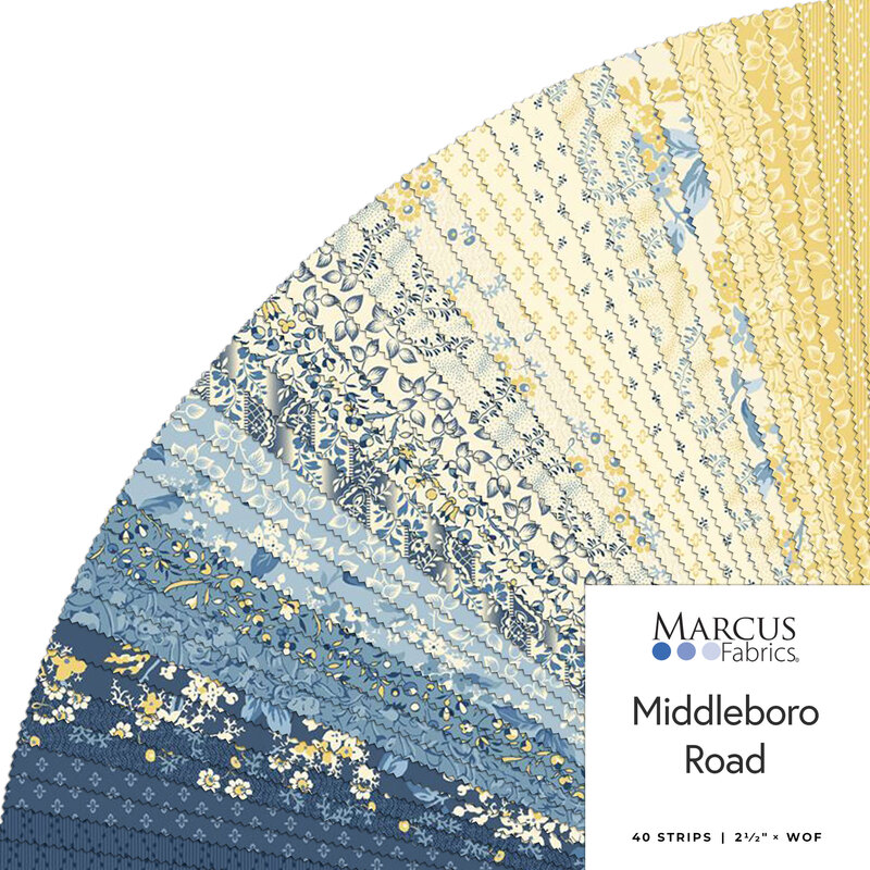 A collage of fabrics in the Middleboro Road Jelly Roll featuring florals in shades of yellow and blue