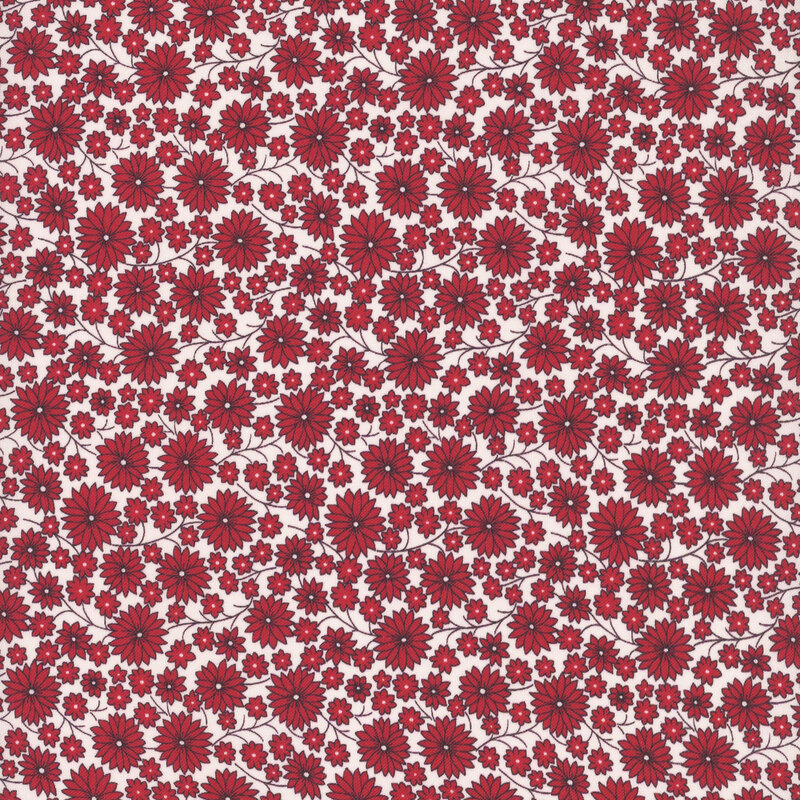 fabric pattern of red florals on a white background