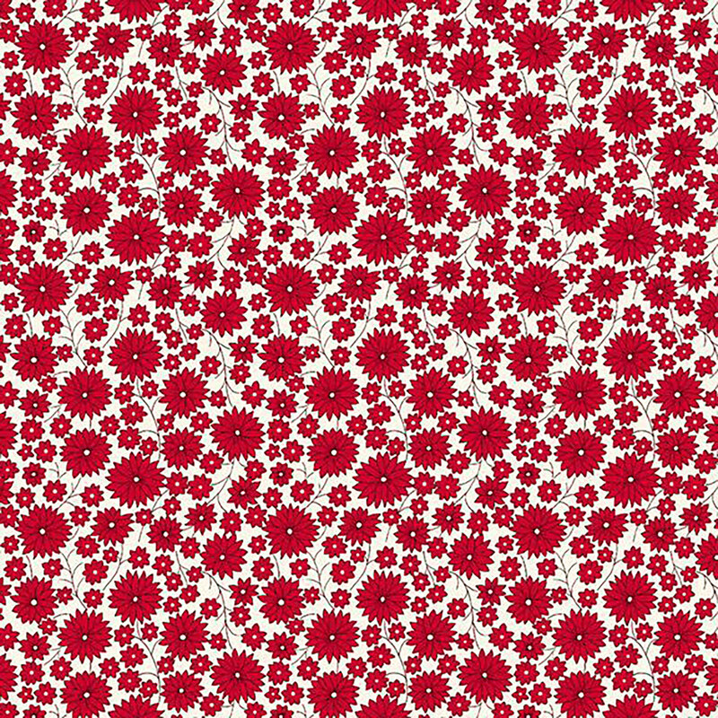 fabric pattern of red florals on a white background