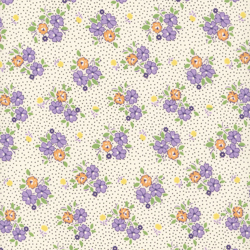 fabric pattern of purple and orange ditsy florals on a white dotted background