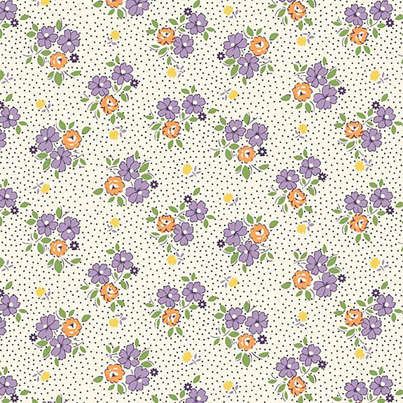 fabric pattern of purple and orange ditsy florals on a white dotted background