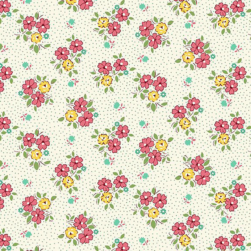 fabric pattern of pink and yellow ditsy florals on a white dotted background