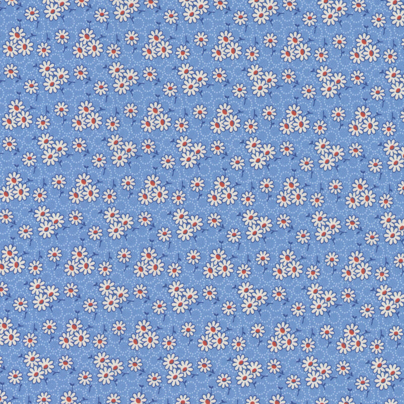 fabric pattern of white daisys on a blue background