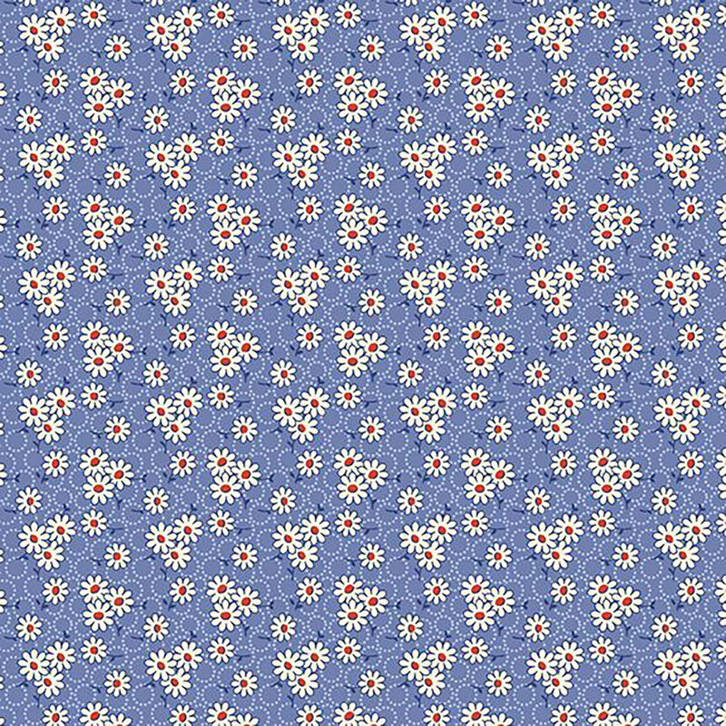 fabric pattern of white daisys on a blue background