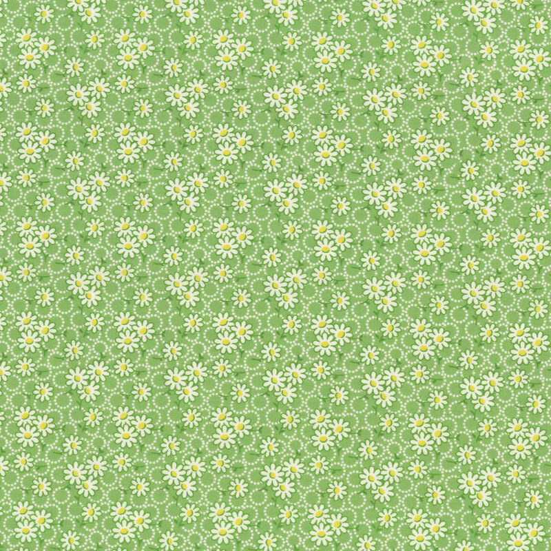 fabric pattern of white daisys on a green background