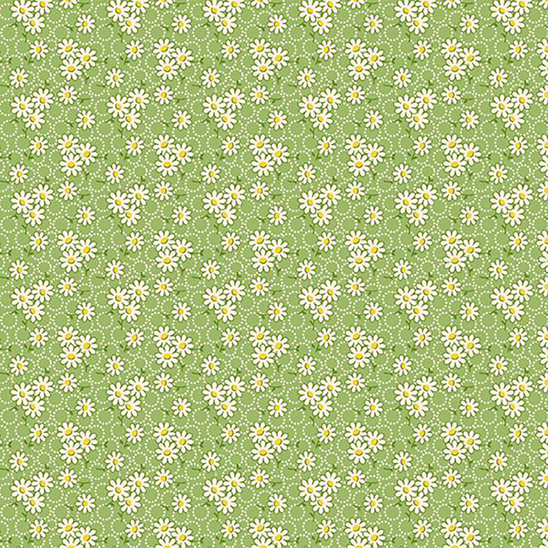 fabric pattern of white daisys on a green background