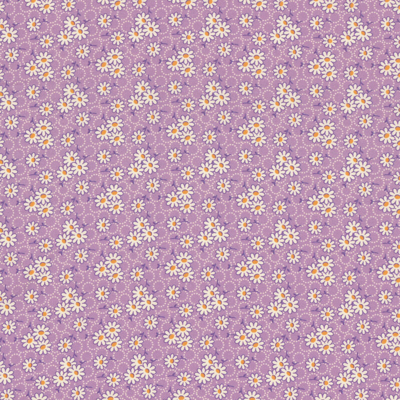 fabric pattern of white daisys on a purple background