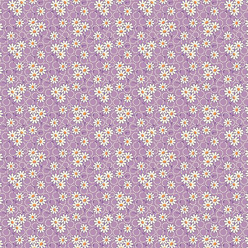 fabric pattern of white daisys on a purple background