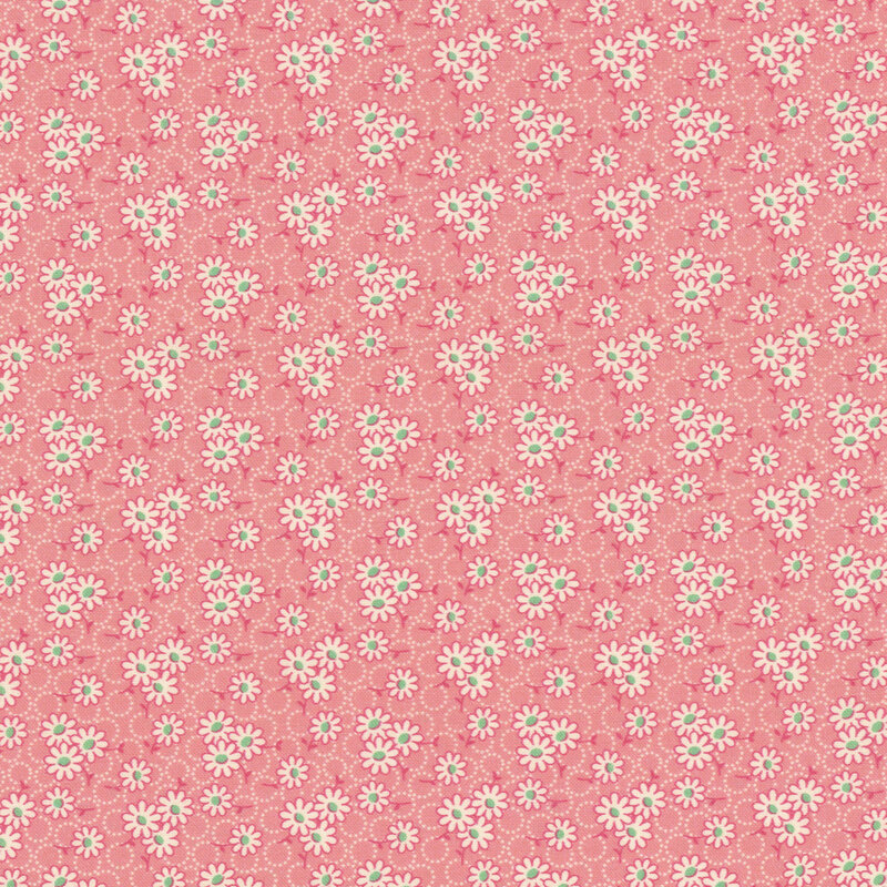fabric pattern of white daisys on a pink background