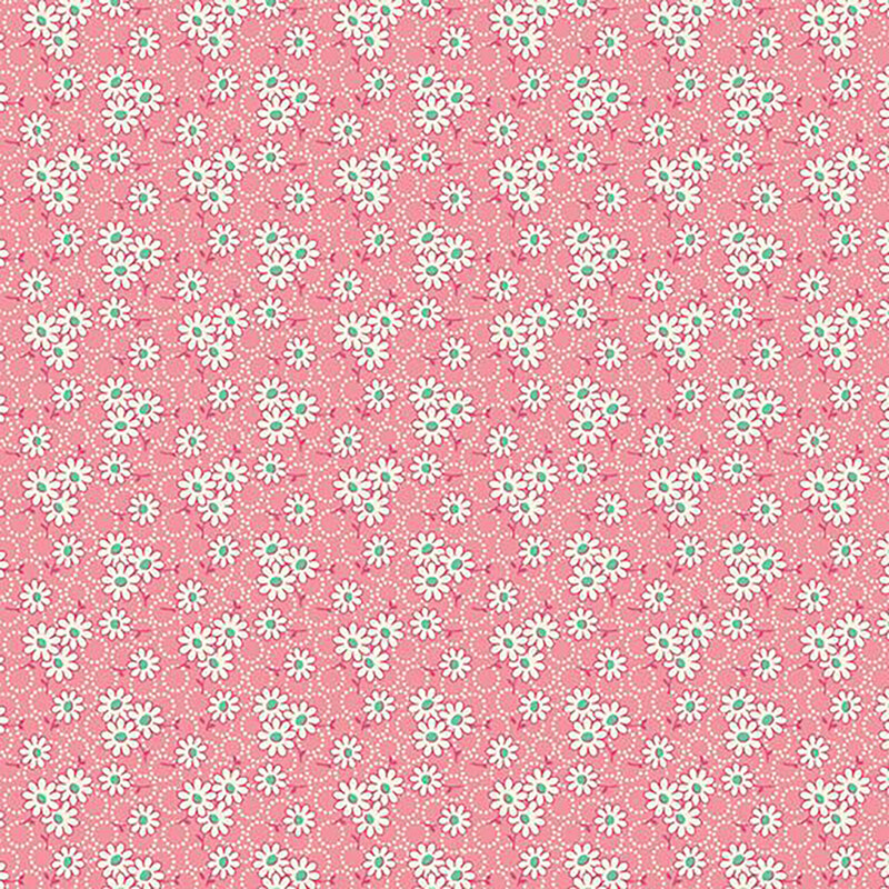 fabric pattern of white daisys on a pink background