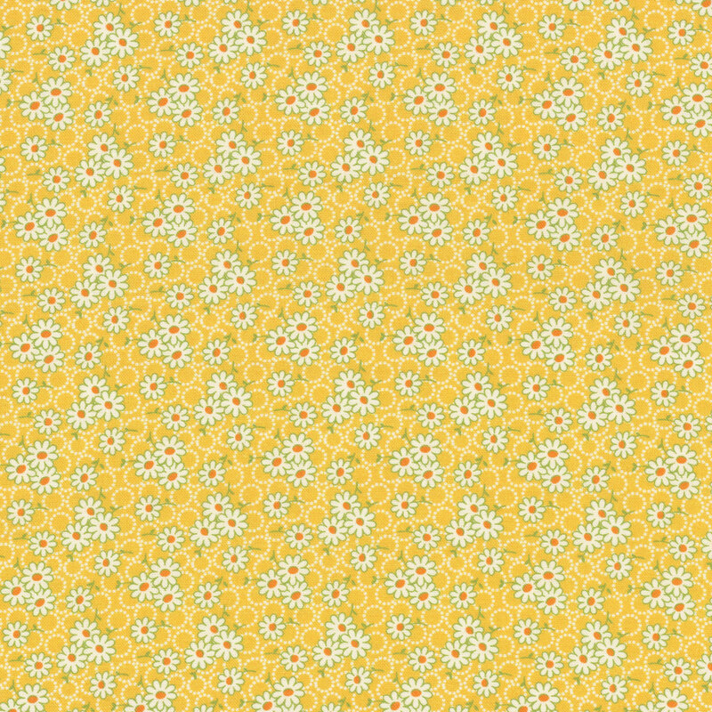 fabric pattern of white daisys on a yellow background