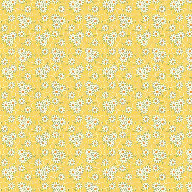 fabric pattern of white daisys on a yellow background