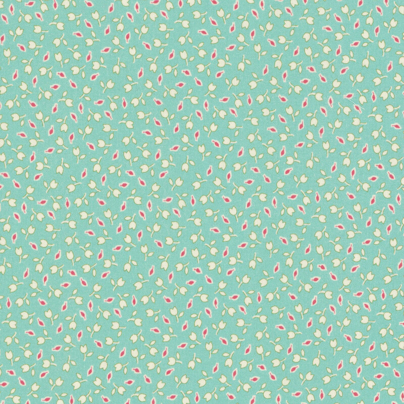 fabric pattern of white floral motifs on a teal background