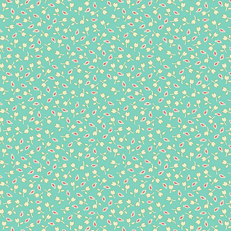 fabric pattern of white floral motifs on a teal background