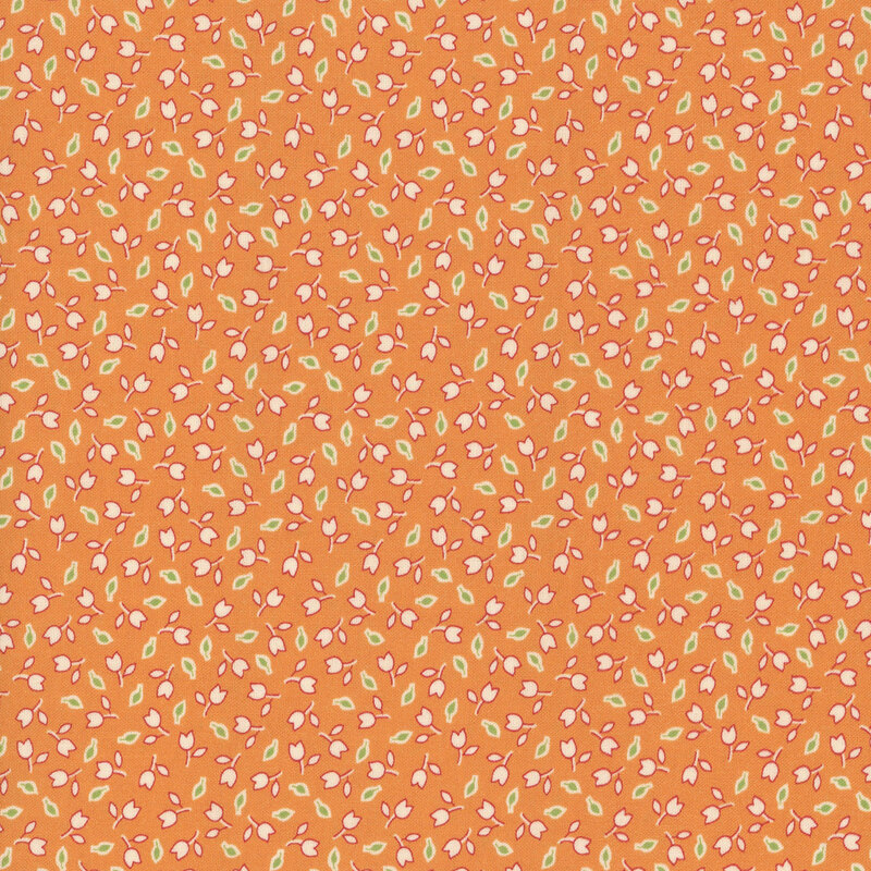 fabric pattern of white floral motifs on a orange background