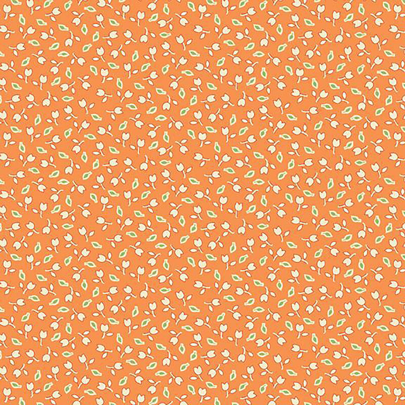 fabric pattern of white floral motifs on a orange background