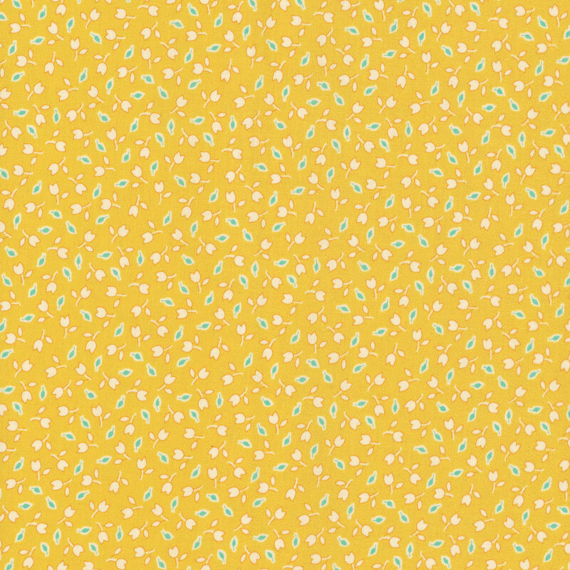 fabric pattern of white floral motifs on a yellow background