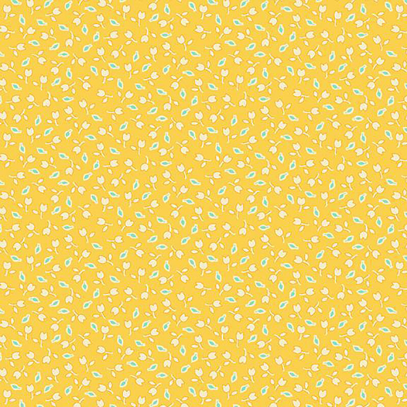 fabric pattern of white floral motifs on a yellow background