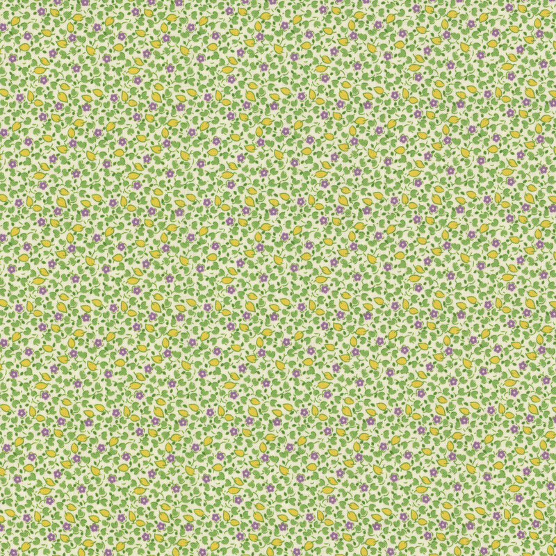 fabric pattern of purple flower motifs with yellow leaves surrounding on a white background