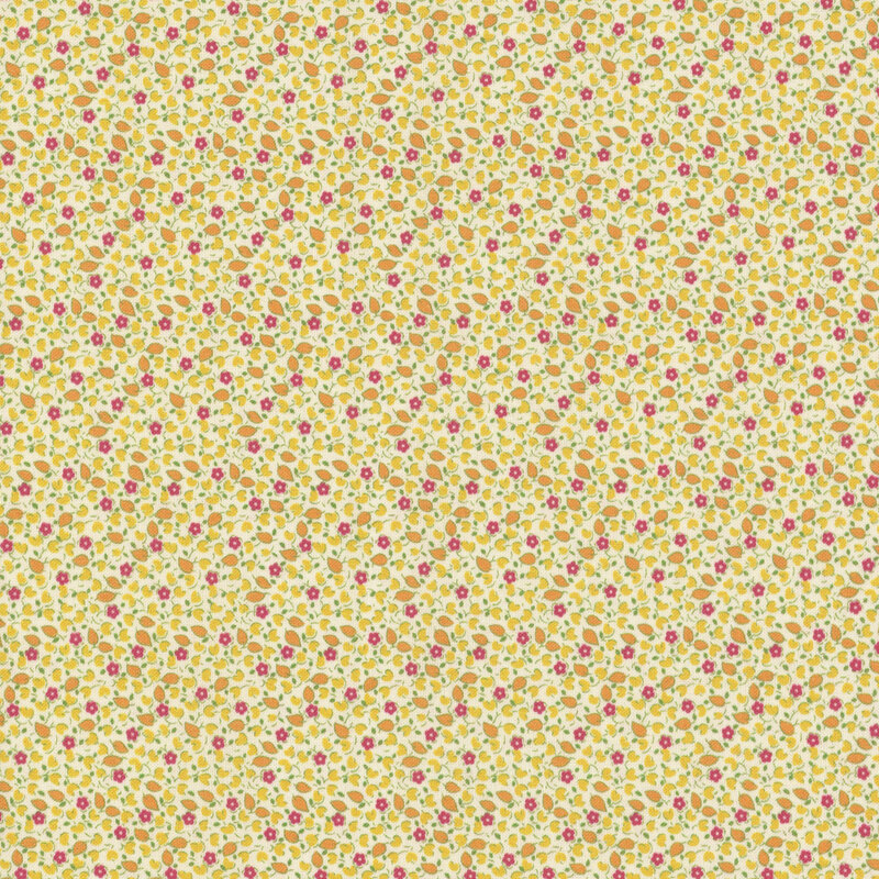 fabric pattern of red flower motifs with orange leaves surrounding on a white background