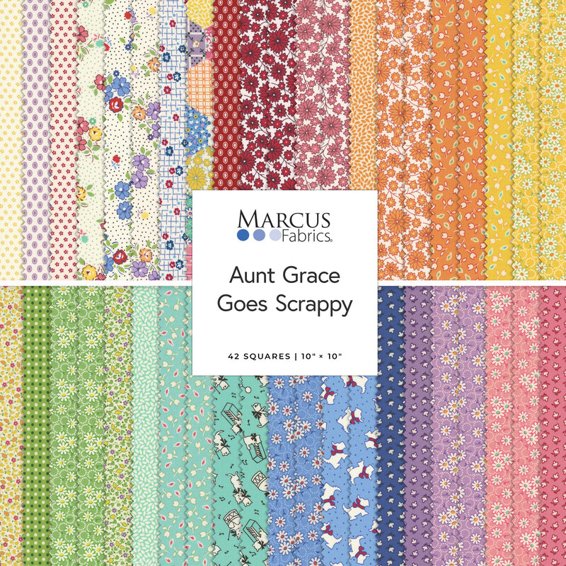 Fanned collage of colorful fabrics in the Aunt Grace Goes Scrappy layer cake