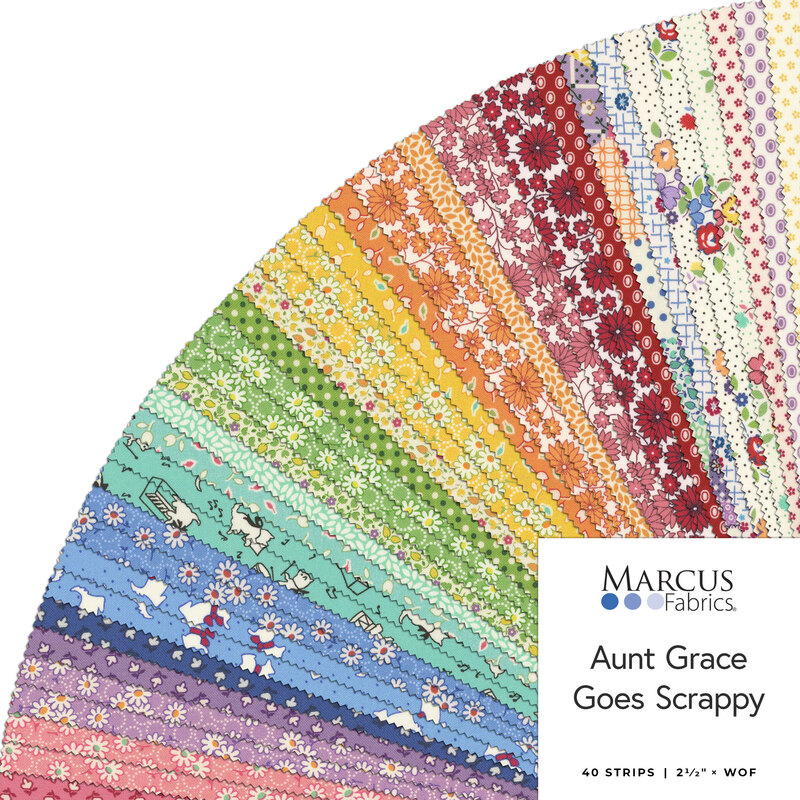 Fanned collage of colorful fabrics in the Aunt Grace Goes Scrappy jelly roll
