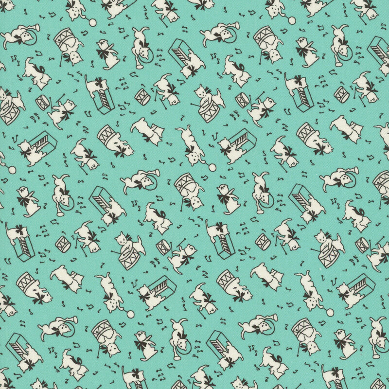fabric pattern of white cats doing various activities on a teal background