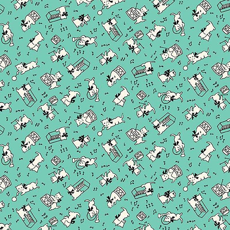 fabric pattern of white cats doing various activities on a teal background