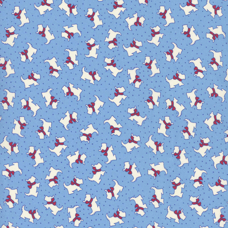fabric pattern of a white terrier with a bow around its neck on a blue background
