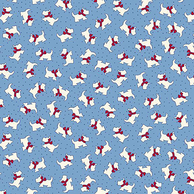 fabric pattern of a white terrier with a bow around its neck on a blue background