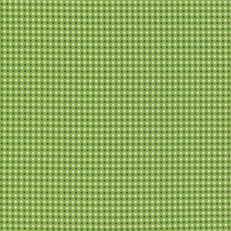 fabric pattern of white and green polka dots on a light green background