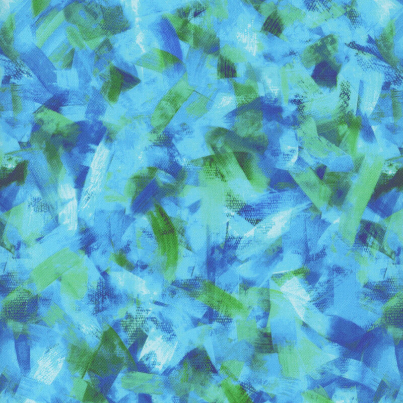 fabric pattern of bright teal and green brush strokes