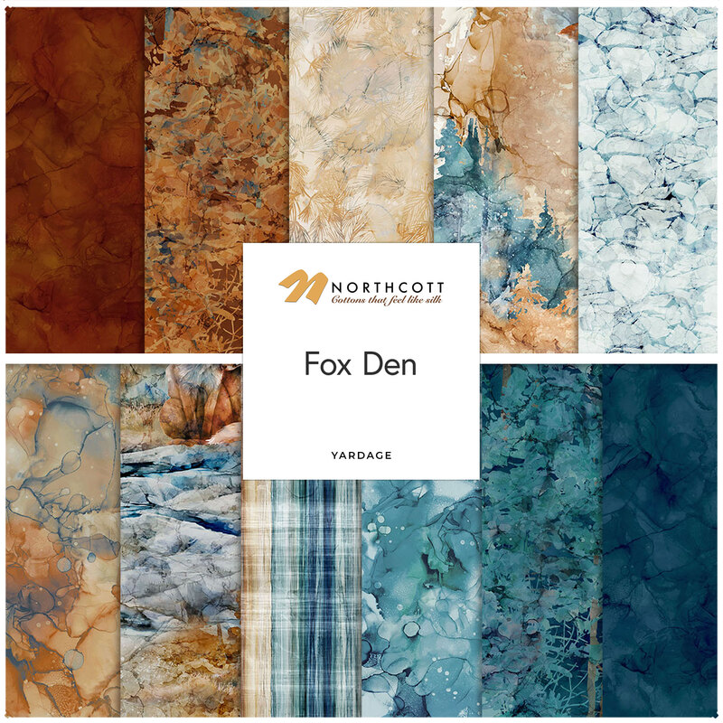 A collage of watercolor fabrics included in the Fox Den collection.