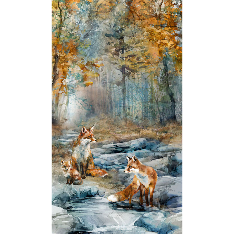 A multicolor panel fabric featuring a fox family crossing a forest stream, complete with watercolor coloring.