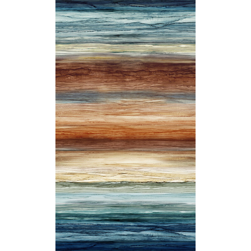 Multicolor fabric featuring horizontal stripes in shades of blue, brown, and cream, resembling a landscape.