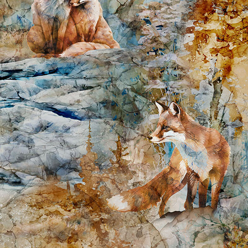 Orange and blue watercolor fabric of a landscape with foxes blending into the shrubbery.