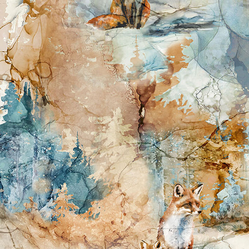 Tan and blue fabric of foxes blending into a watercolor landscape of rocks and trees.