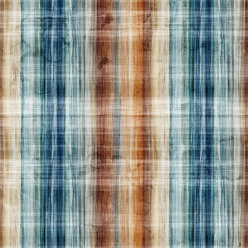 Striped watercolor fabric in shades of blue, aqua, and orange, with subtle perpendicular texturing.