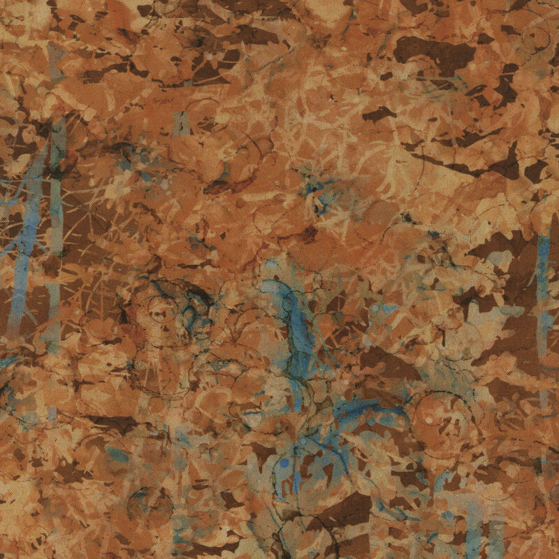 Orange watercolor fabric of autumnal trees and leaves.