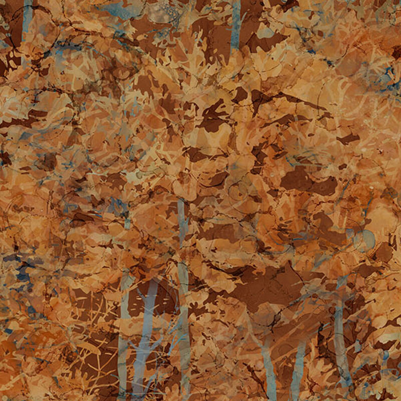 Orange watercolor fabric of autumnal trees and leaves.