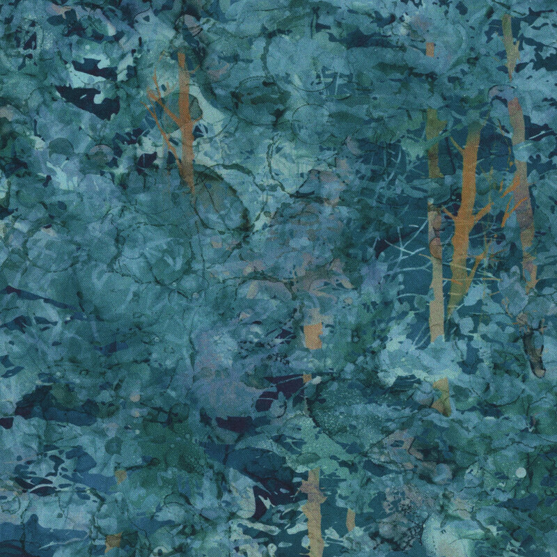 Blue watercolor fabric of autumnal trees and leaves.