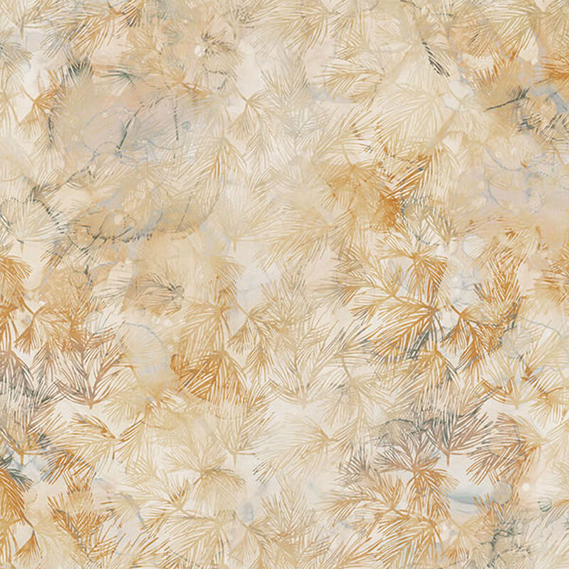 Mottled white watercolor fabric with imprints of golden pine needles.