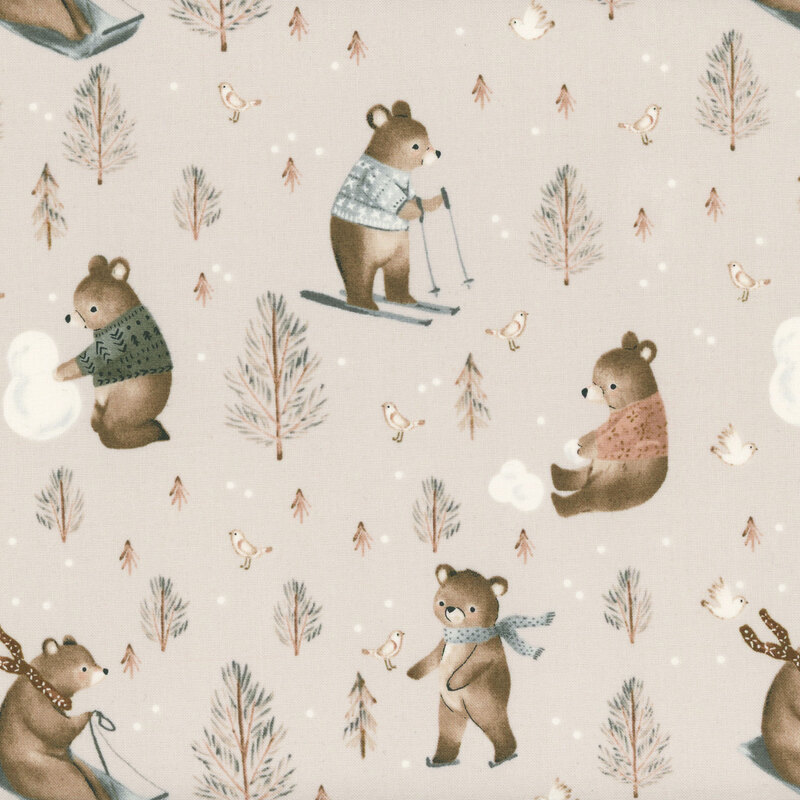 Fabric pattern of playful bears in winter attire, engaging in snowy activities amidst pine trees and birds.