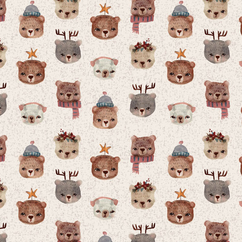 A repeating fabric pattern of cute little bear faces, set against a light background.