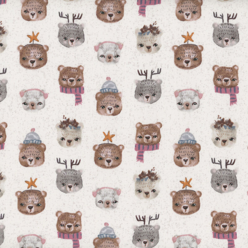 A repeating fabric pattern of cute little bear faces, set against a light gray textured background.