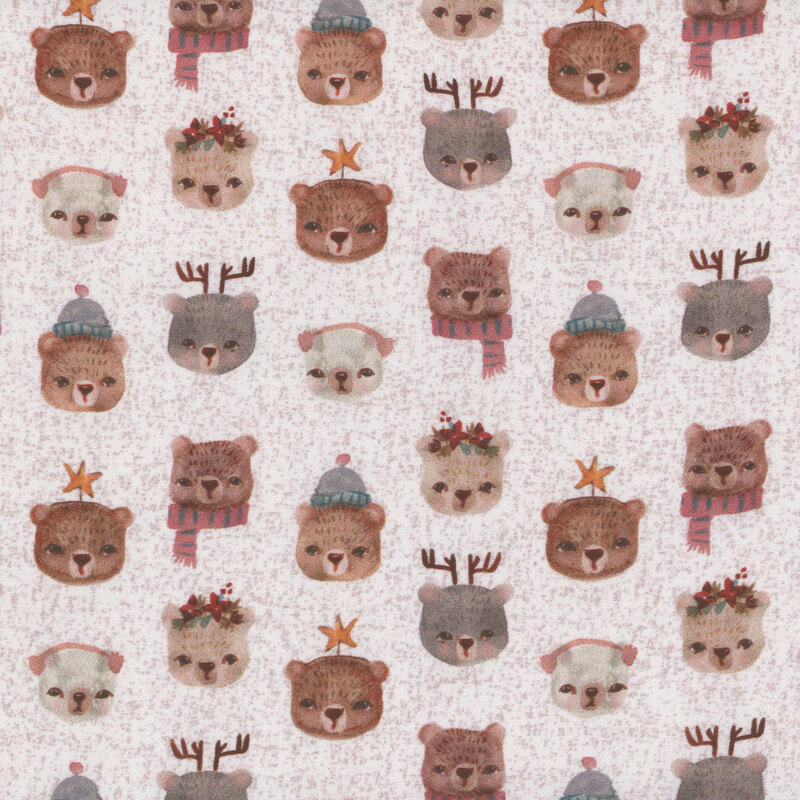 A repeating fabric pattern of cute little bear faces, set against a light background.