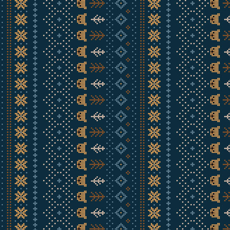 Repeating textile patterns with geometric shapes and geometric designs in navy, brown, and cream.