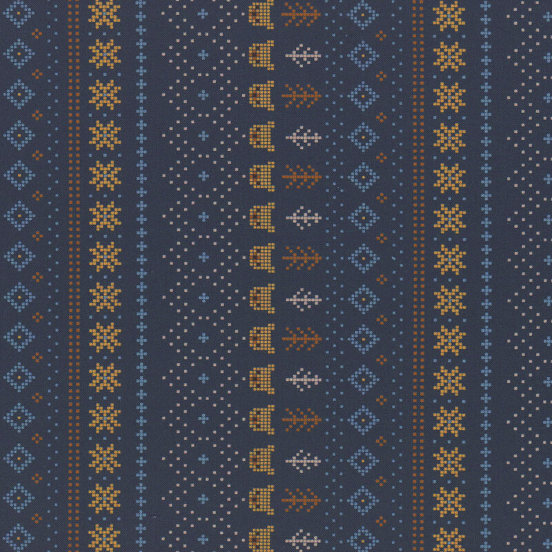 Repeating textile patterns with geometric shapes and geometric designs in navy, brown, and cream.