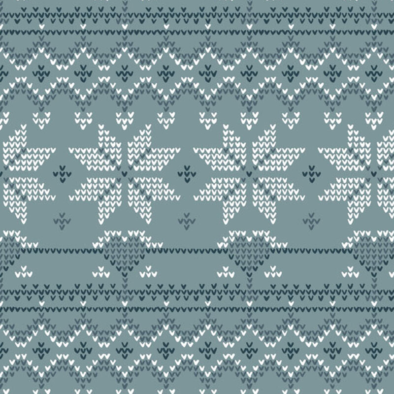 Knit fabric pattern featuring white snowflakes and geometric designs on a blue-green background.